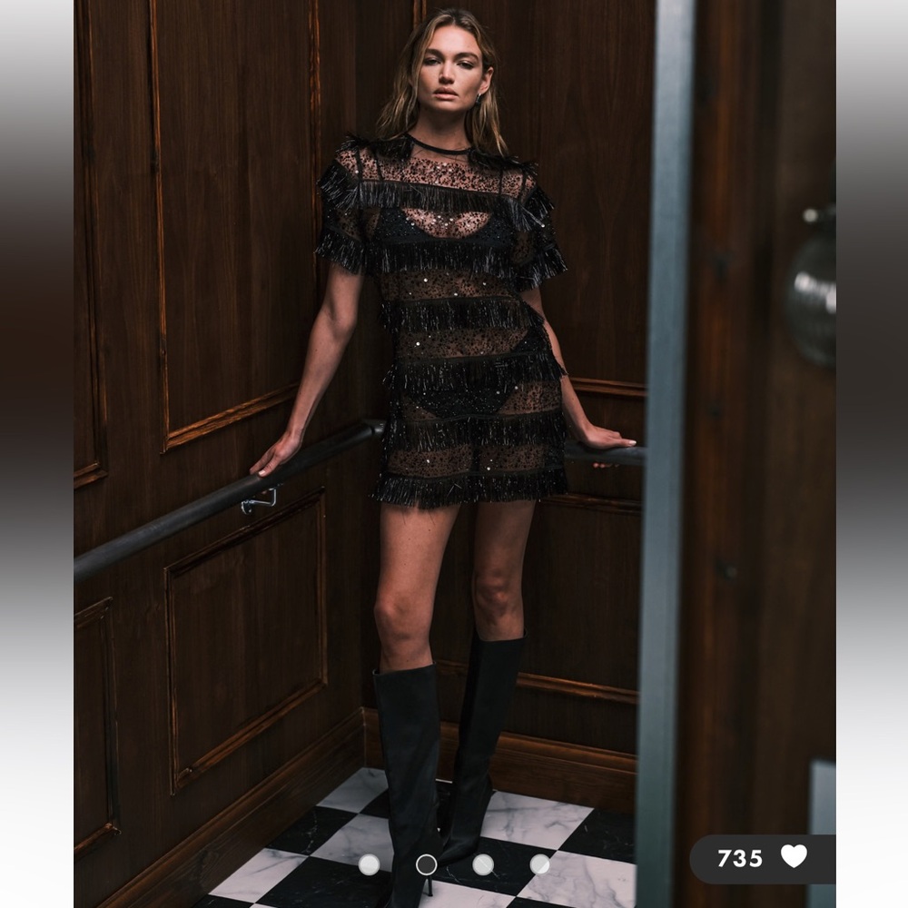 Ghospell sheer stripe sequin tassel mini T-shirt‎ dress in black